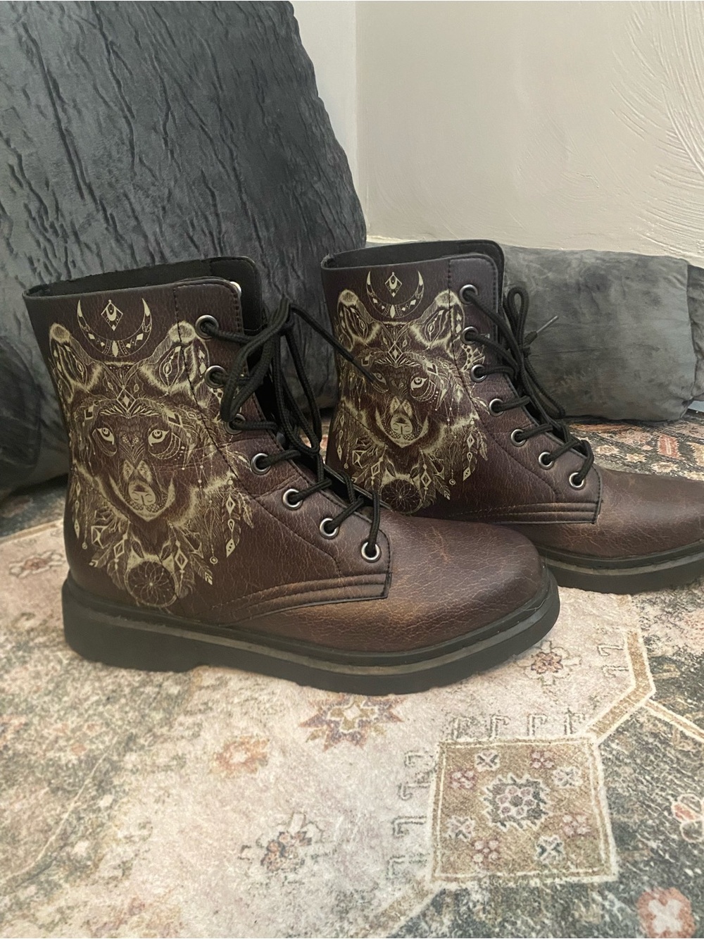 Yes We Vibe Uni-Sex Boho Brown Lace-Up Boots with Wolf Graphic
